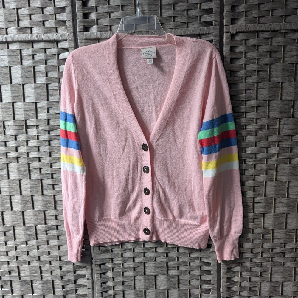 Retro Cardigan Light Pink Rainbow Stripe V-Neck Button Front Sz M Academia
